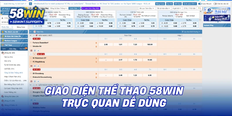 Giao diện thể thao 58WIN trực quan dễ dùng